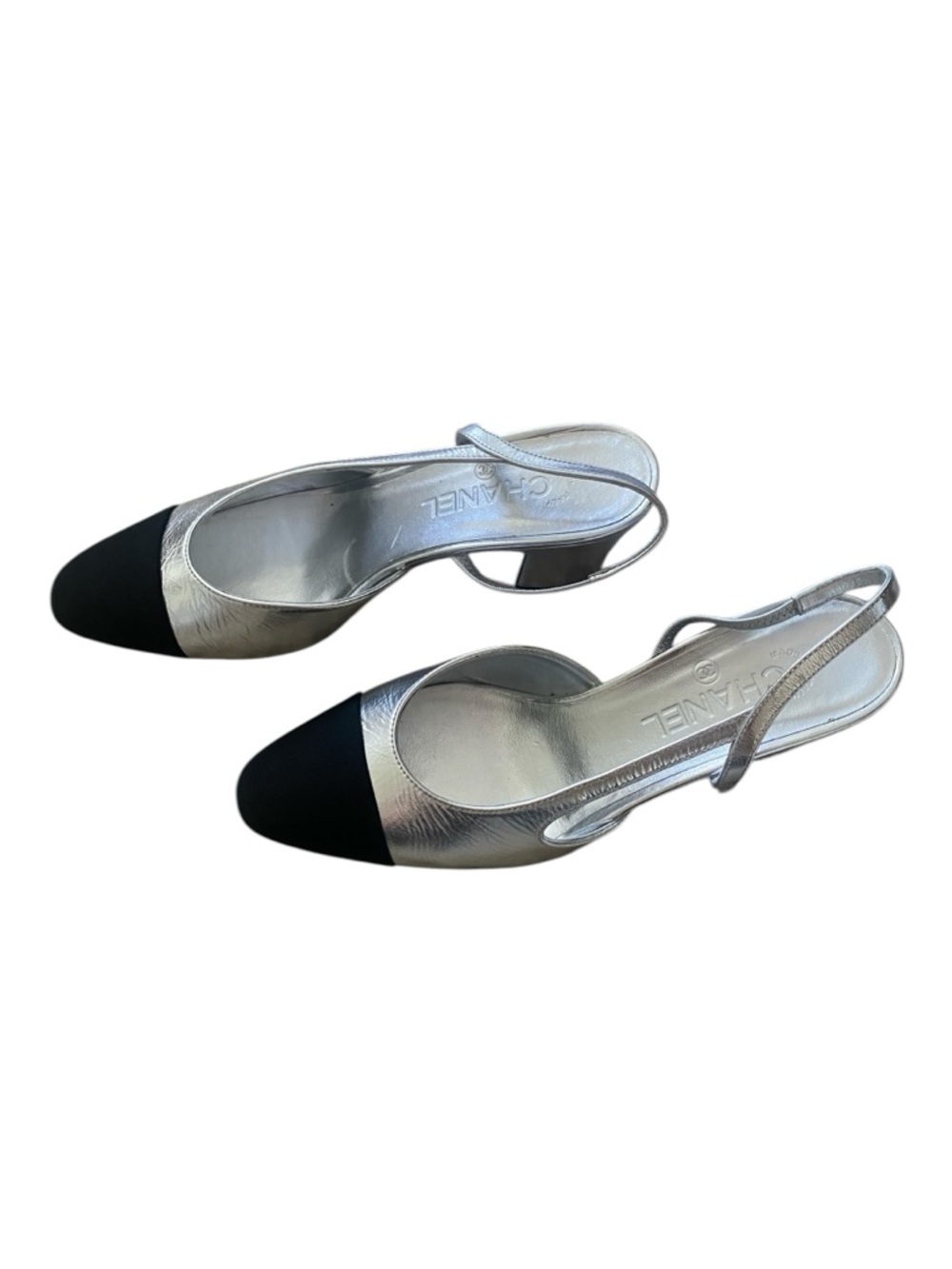 CHANEL Rare Silver Slingback Heels Cap Toe 39 Iconic Pumps Worn 3x - Picture 14 of 16